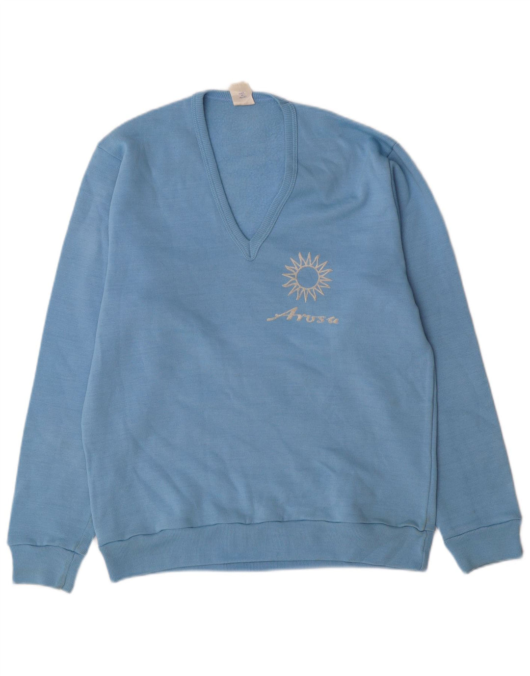 VINTAGE Mens Graphic V-Neck Jumper Sweater Medium Blue Acrylic