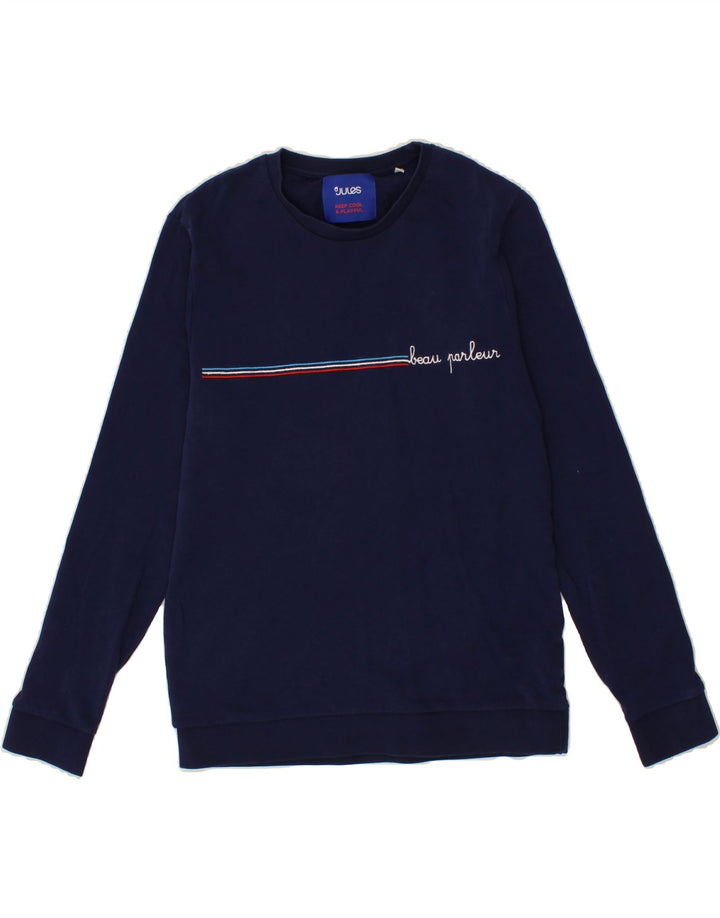 JULES Mens Graphic Sweatshirt Jumper Medium Navy Blue Cotton Vintage Jules and Second-Hand Jules from Messina Hembry 