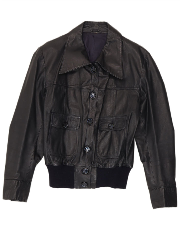 Vintage Kvinde Bomber Læderjakke UK 14 Medium Navy Blue Læder