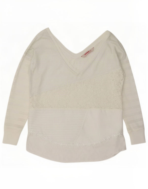 Desigual Camicetta a maniche lunghe da donna Top UK 14 Poliestere floreale bianco medio