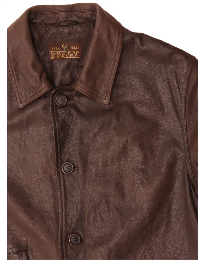Green Leaves Mens Leather Coat UK 40 Large Brown Leather