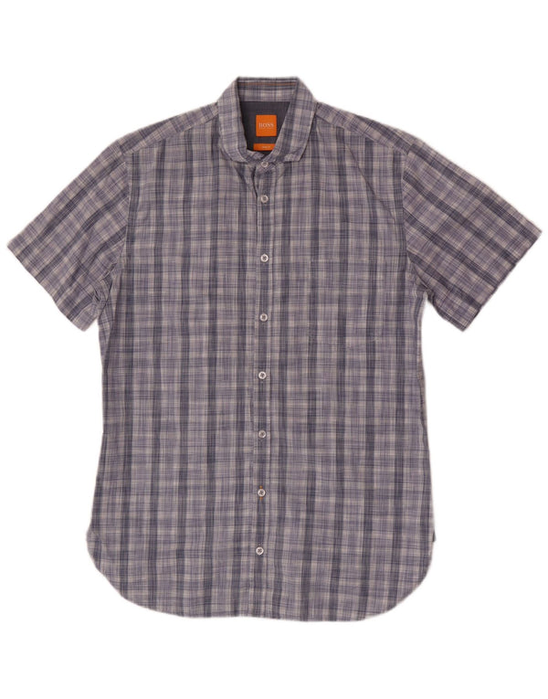Camicia slim fit a maniche corte da uomo Hugo Boss in cotone a quadri blu medio