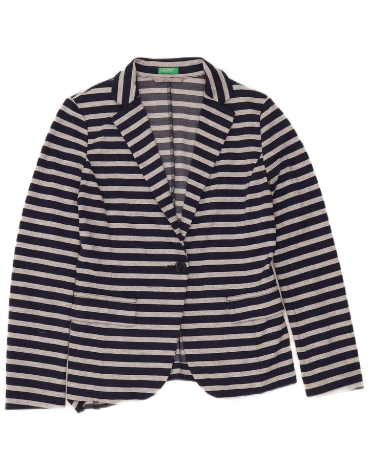 Benetton Womens 1 Button Blazer Jacket UK 10 Small Navy Blue Striped