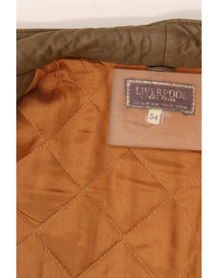LIVERPOOL Mens Military Leather Jacket IT 54 2XL Brown Leather