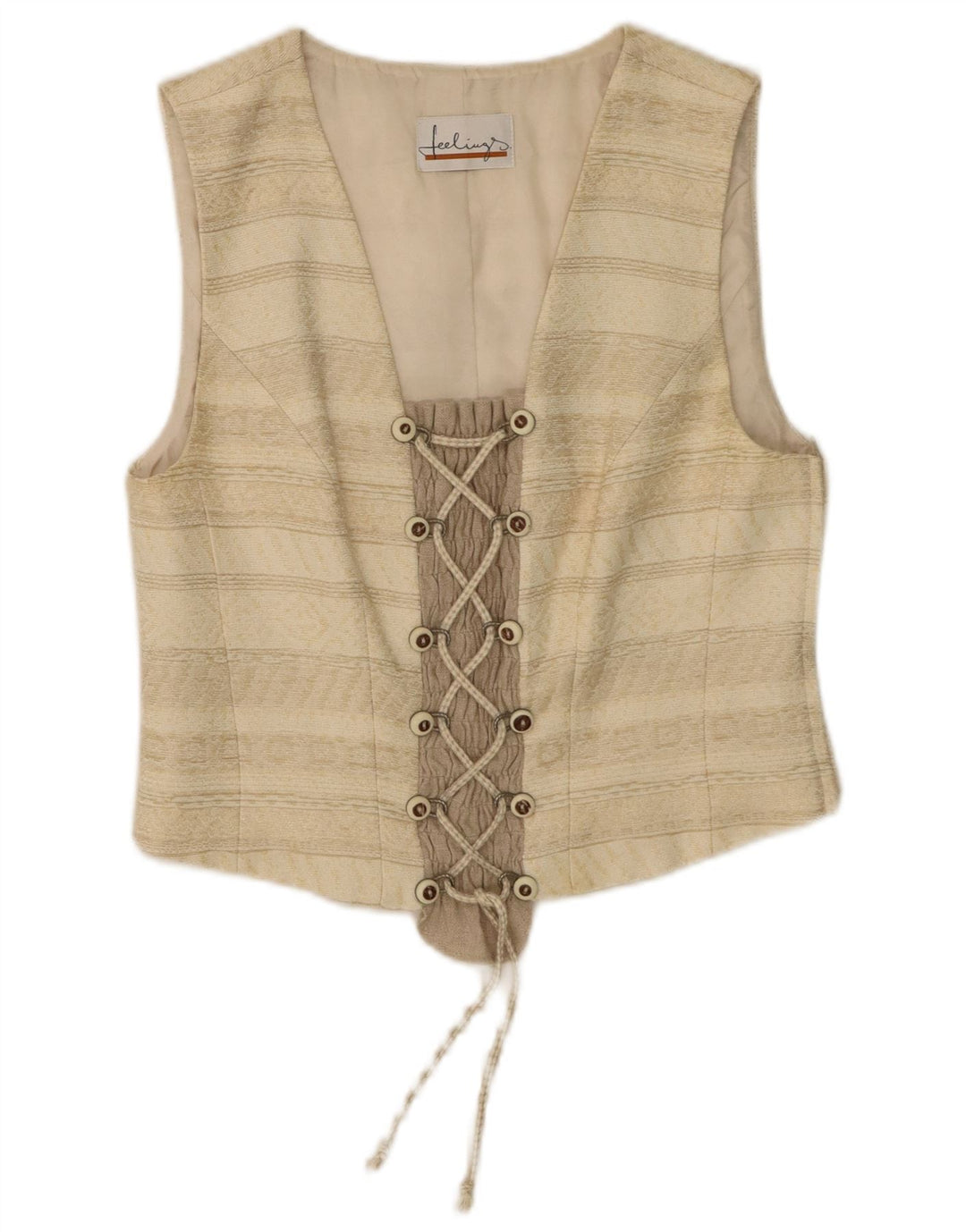 Vintage Womens Crop Top UK 12 Medium  Beige Striped Acetate