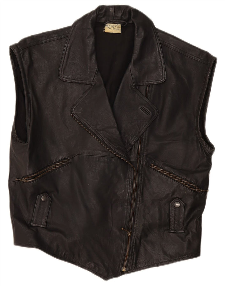 Vintage Womens Leather Gilet IT 44 Medium Black Leather