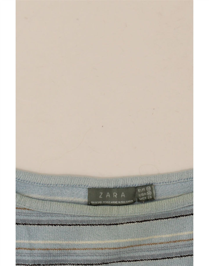 Zara Womens Crop Top 3/4 ærmer UK 12 Mellem blå stribet