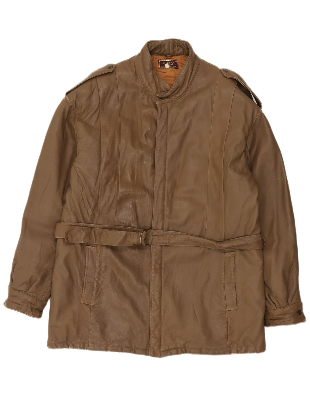LIVERPOOL Mens Military Leather Jacket IT 54 2XL Brown Leather