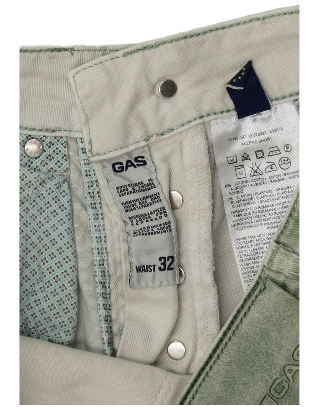 Gas Mens Denim Shorts W32 Medium Green Cotton