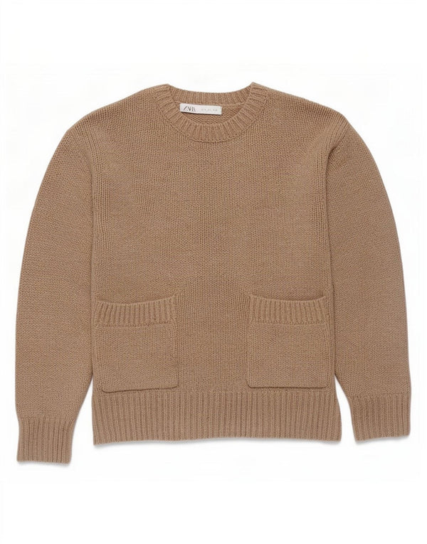 Damski sweter oversize Zara z okrągłym dekoltem, UK 10, mały, brązowy poliester