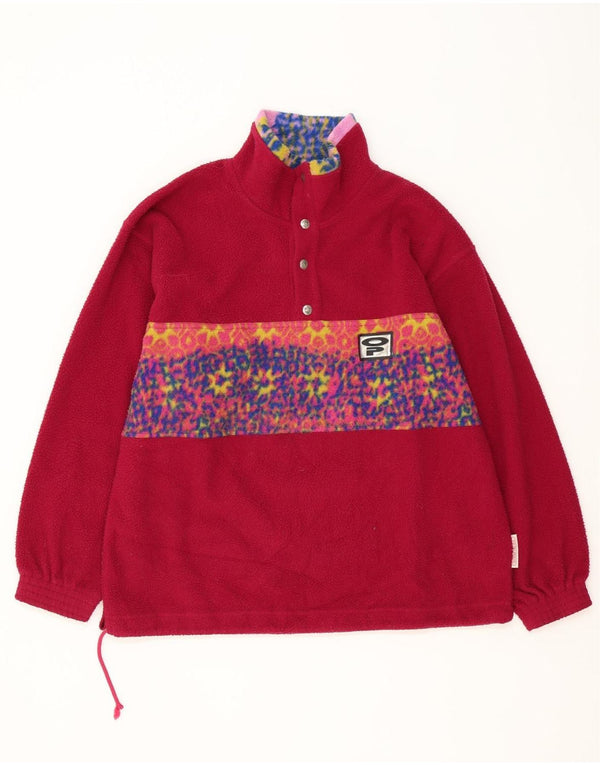 Maglione in pile da uomo vintage con collo a bottoni, grande poliestere geometrico rosa