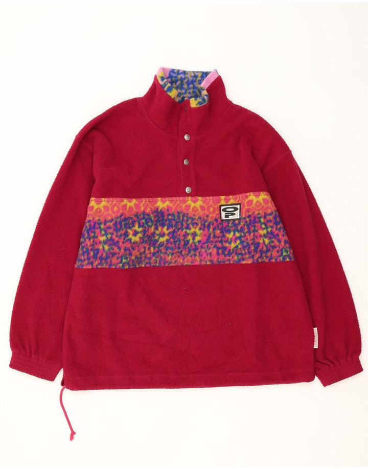 Maglione in pile da uomo vintage con collo a bottoni, grande poliestere geometrico rosa