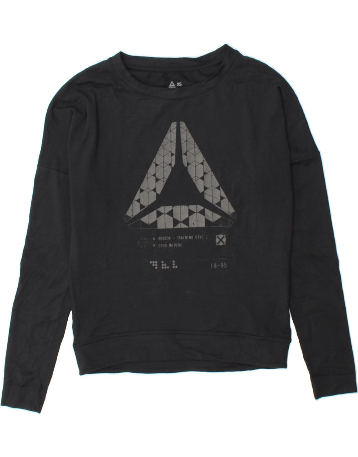 REEBOK Womens Graphic Sweatshirt Jumper UK 4/6 XS Black Polyester Vintage Reebok and Second-Hand Reebok from Messina Hembry 