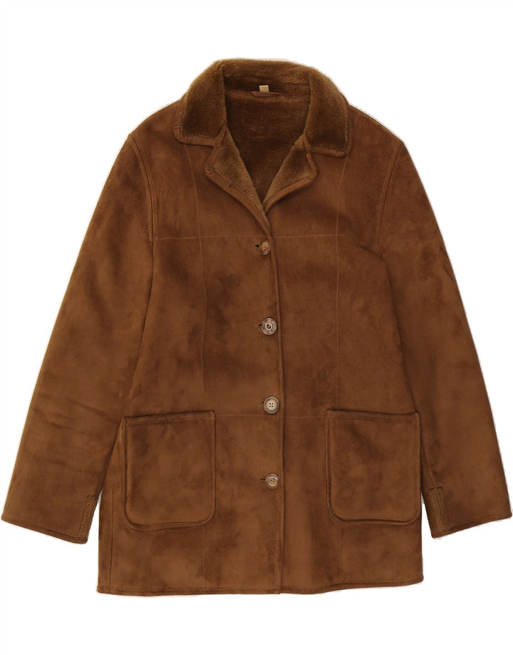 VINTAGE Womens Sherpa Overcoat UK 14 Large Brown Polyester Vintage Vintage and Second-Hand Vintage from Messina Hembry 