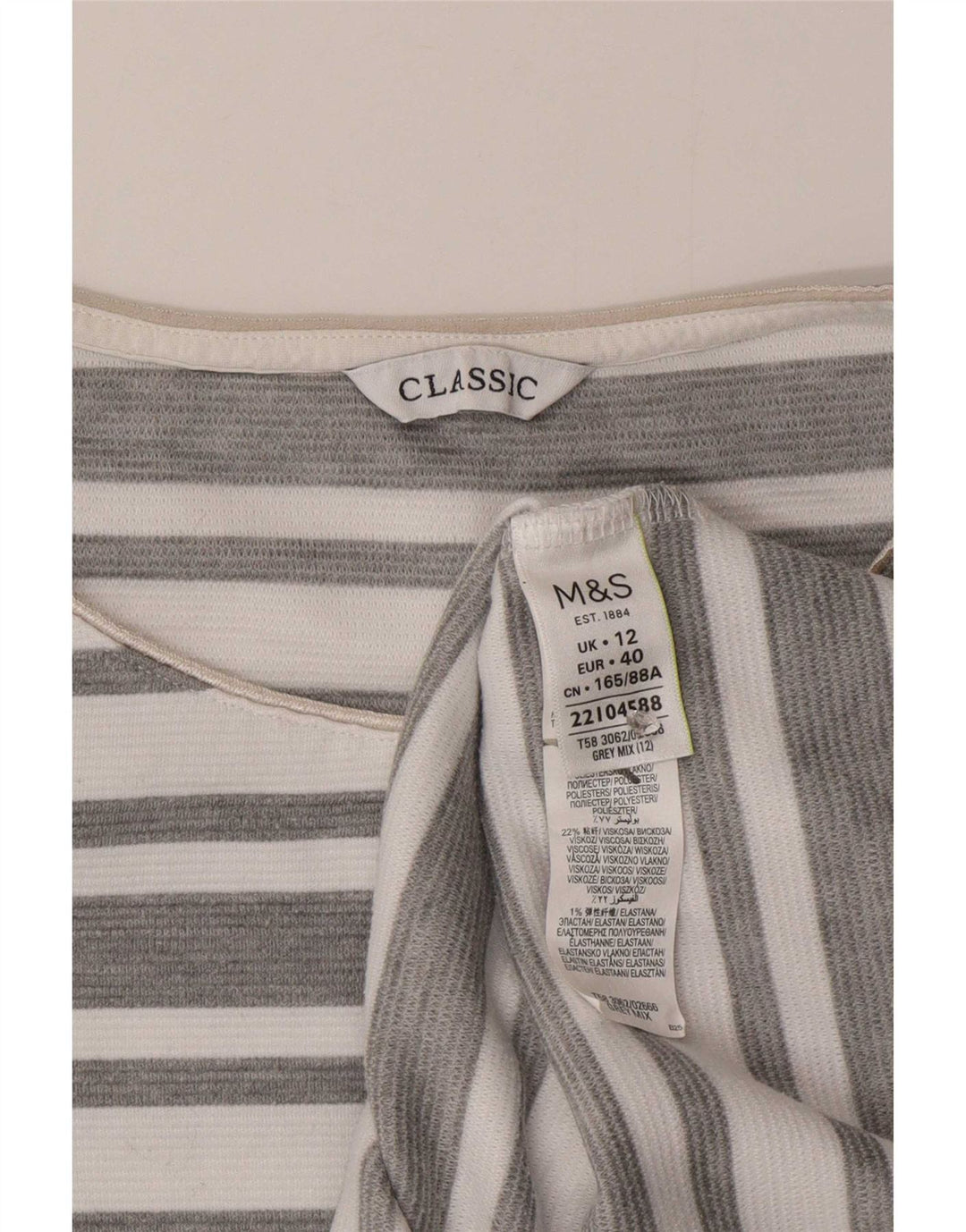 Marks & Spencer Top da donna manica 3/4 UK 12 Poliestere a righe grigio medio