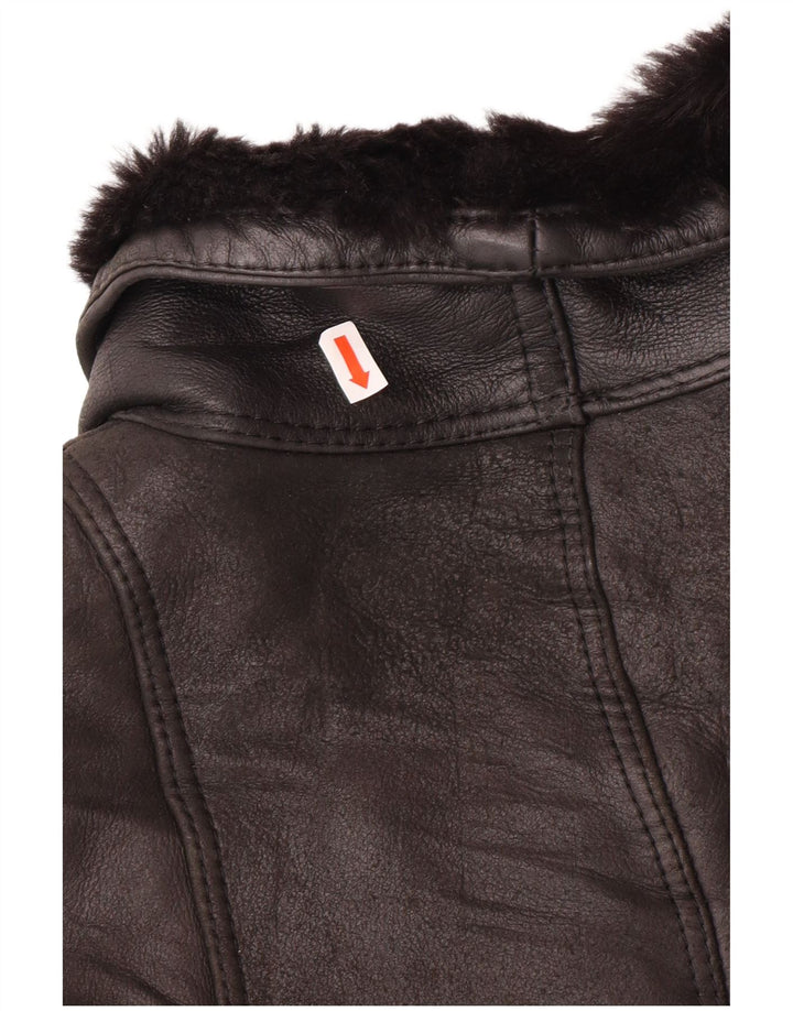 VINTAGE Womens Double Breasted Jacket EU 42 Large Black Shearling
