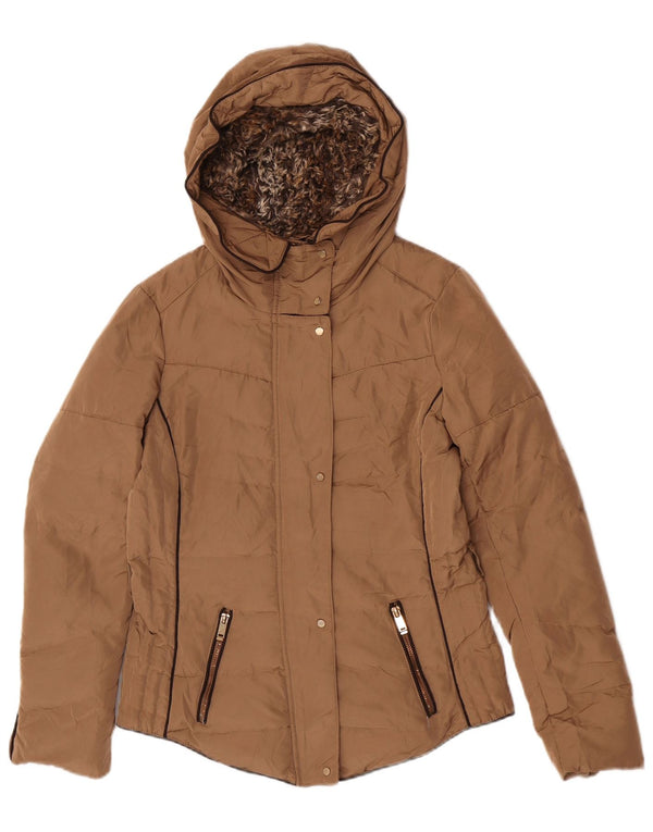Zara Womens Hooded Padded Jacket UK 14 Medium Beige Polyester