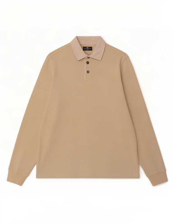 Marks & Spencer Mens Long Sleeve Polo Shirt Medium Beige Cotton