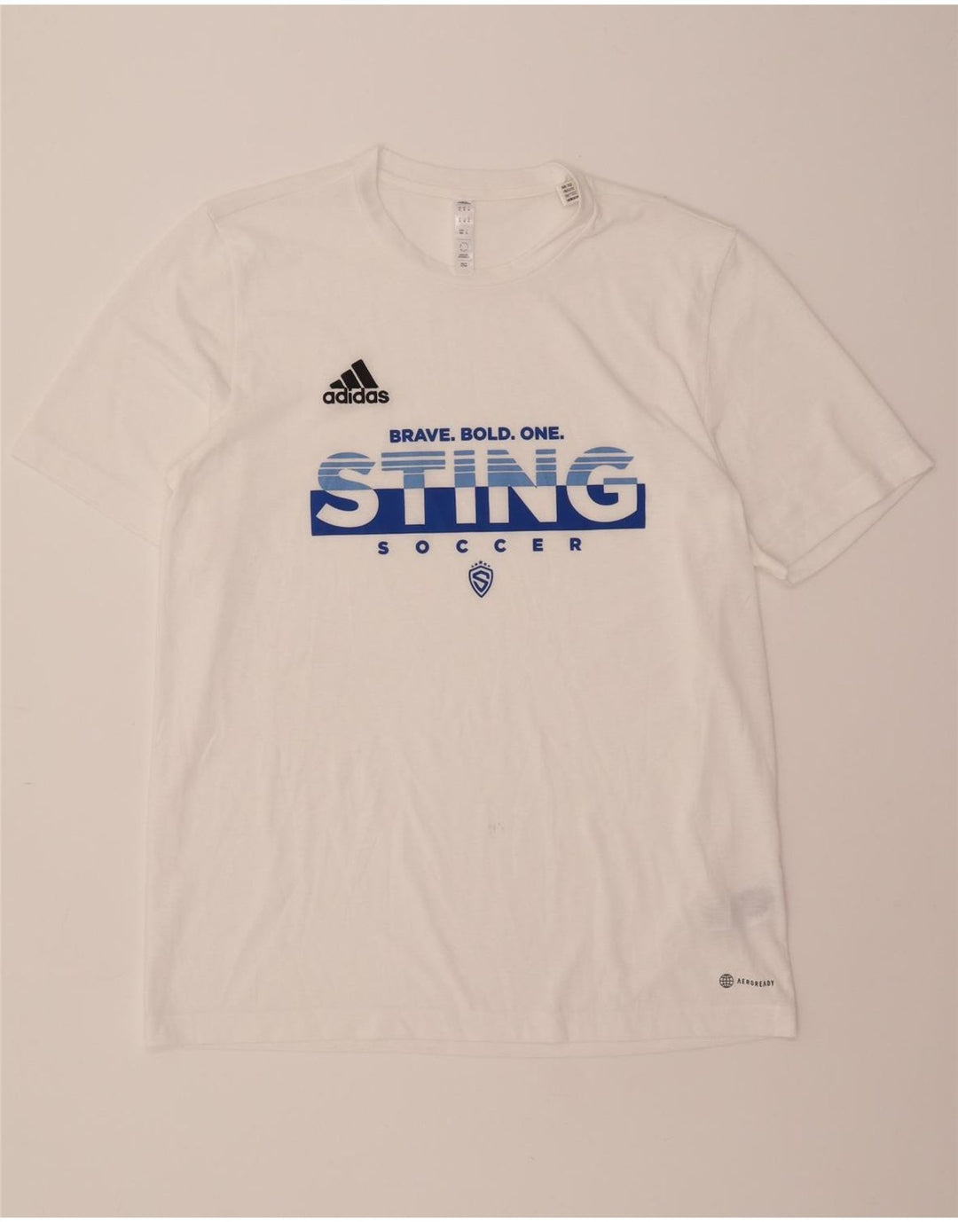 ADIDAS Mens Aeroready Graphic T-Shirt Top Medium White Polyester Vintage Adidas and Second-Hand Adidas from Messina Hembry 