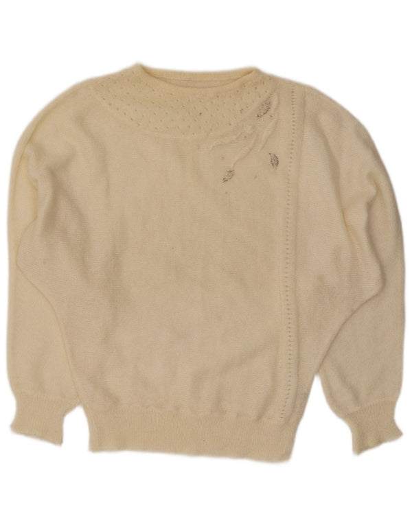 Vintage Damen Pullover mit U-Boot-Ausschnitt, Gr. 14, groß, aus weißem Mohair
