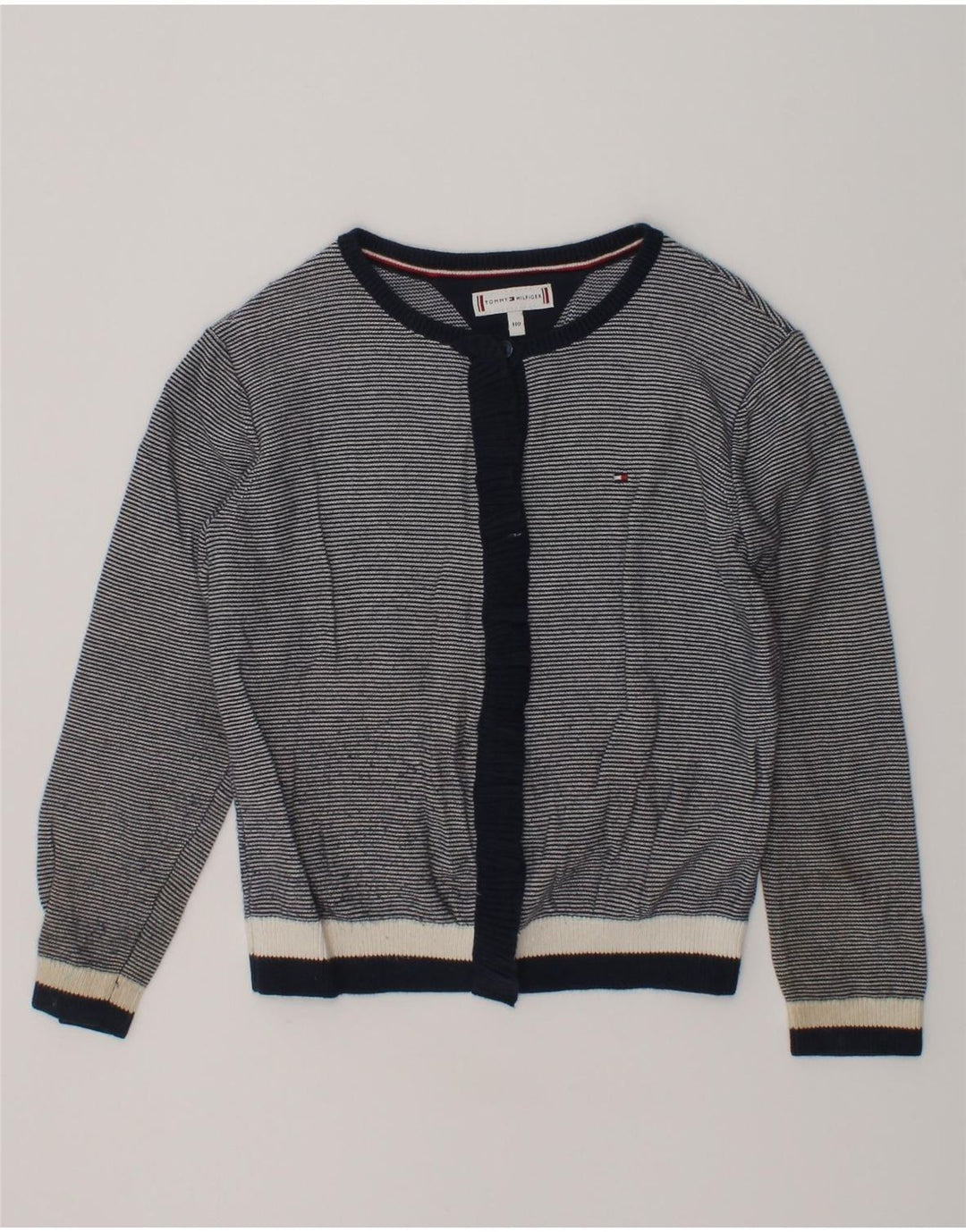 TOMMY HILFIGER Girls Cardigan Sweater 4-5 Years Navy Blue Striped Cotton | Vintage Tommy Hilfiger | Thrift | Second-Hand Tommy Hilfiger | Used Clothing | Messina Hembry 