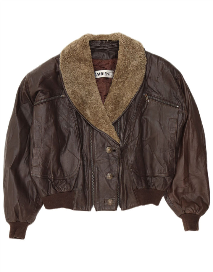 Ambiente Womens Crop Oversized Leather Jacket UK 12 Medium Brown Leather