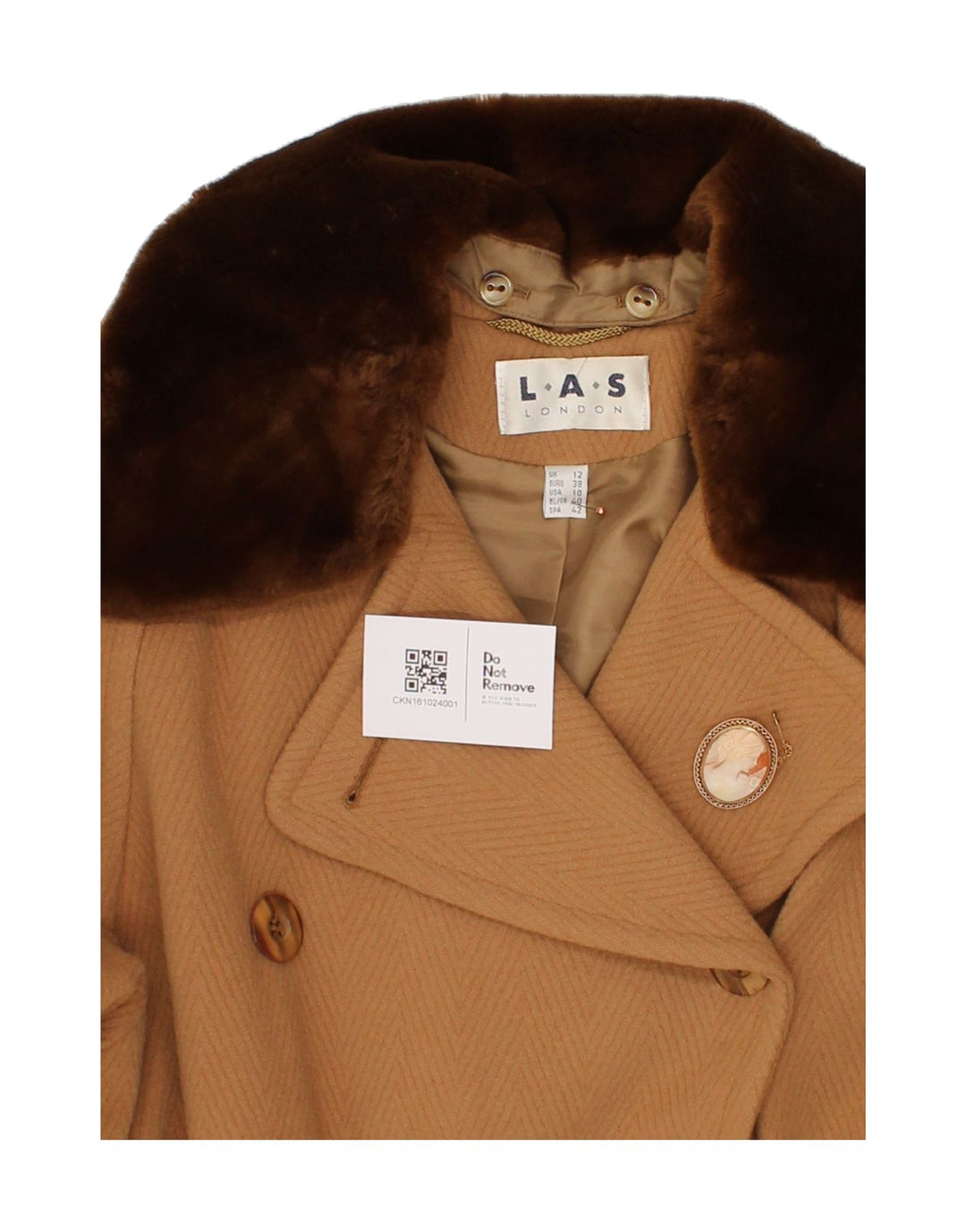 L.A.S LONDON Womens Double Breasted Coat UK 12 Medium Brown Chevron Vintage L.A.S London and Second-Hand L.A.S London from Messina Hembry 