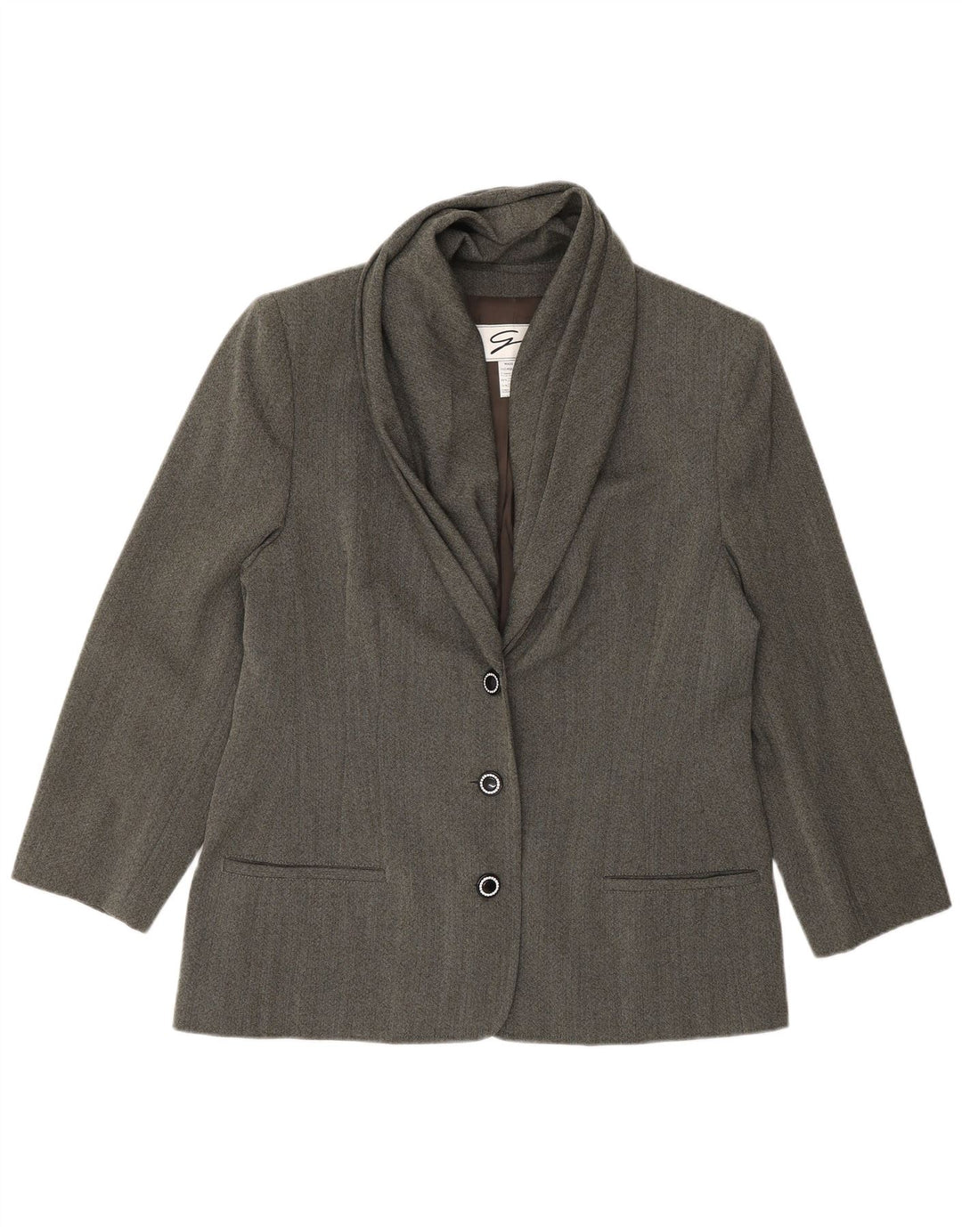 Genny Womens 3 Button Blazer Jacket UK 14 Medium Grey Herringbone Wool