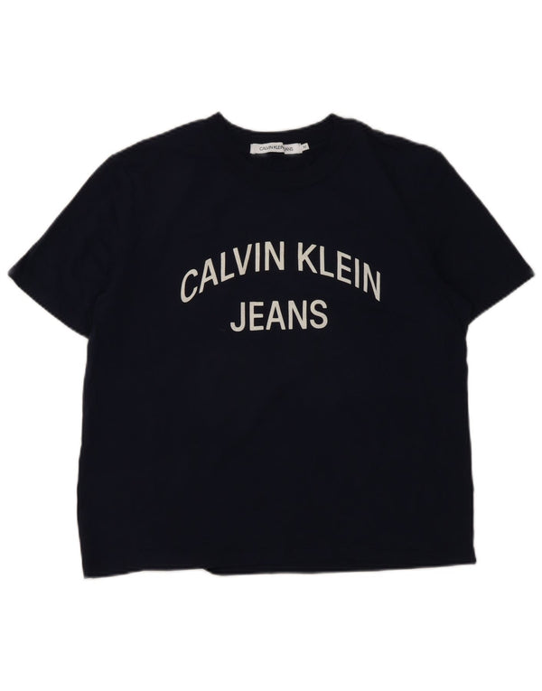 Calvin Klein Jeans Damen Grafik-T-Shirt-Oberteil UK 12 Medium Marineblau
