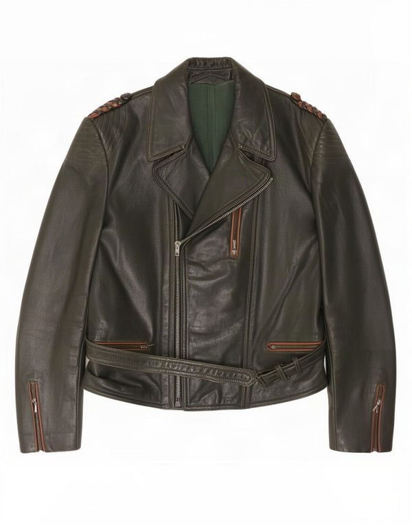Vintage hombres motocicleta cuero biker chaqueta Reino Unido 36 pequeño caqui