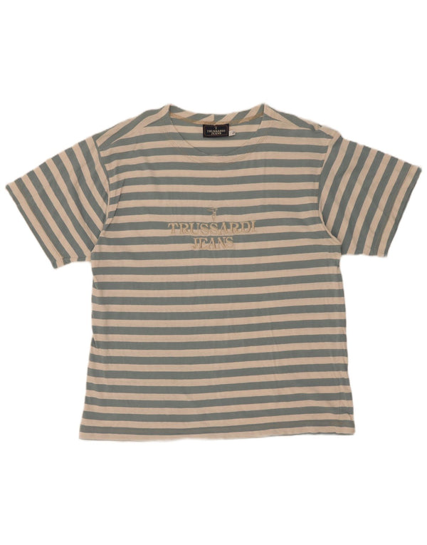Trussardi Jeans Grafik-T-Shirt-Oberteil für Damen, UK 16, Größe L, blau gestreift, Baumwolle