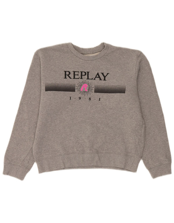 Replay Womens Graphic Oversized Sweatshirt Jumper UK 10 Small Grey Cotton