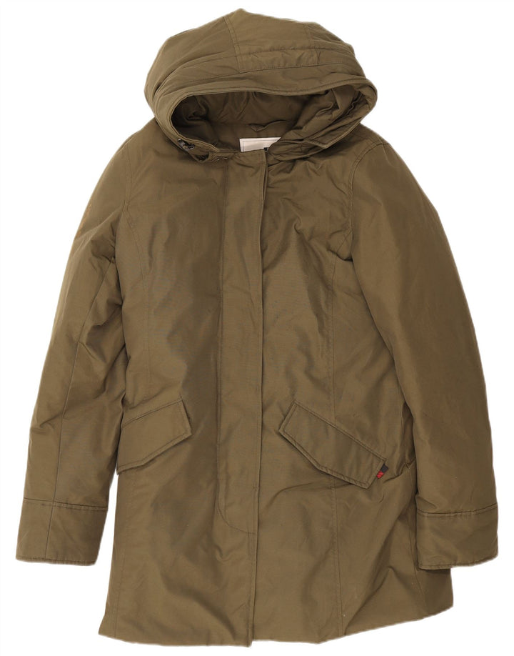 Woolrich Dame Hooded Parka Jacket UK 14 Medium Khaki Cotton