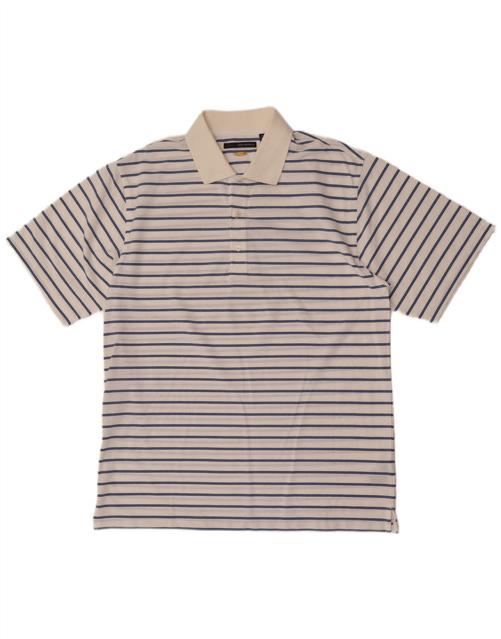 Greg Norman Mens Polo Shirt Large White Striped Cotton