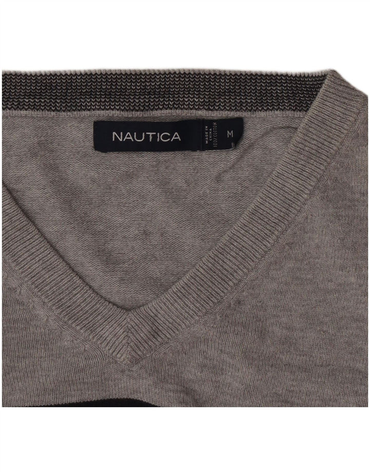 Nautica Mens V-Neck Jumper Sweater Medium Grey Striped Cotton