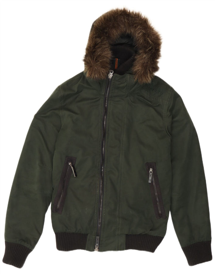 Superdry Mens Hooded Bomber Jacket UK 36 Small Green Colourblock Polyester