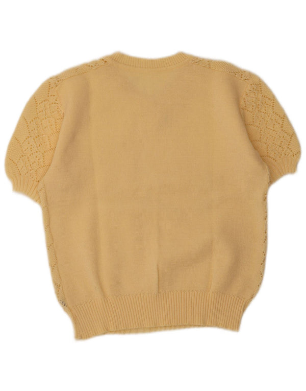 Vintage Womens Short Sleeve V-Neck Jumper Sweater UK 14 Medium Beige