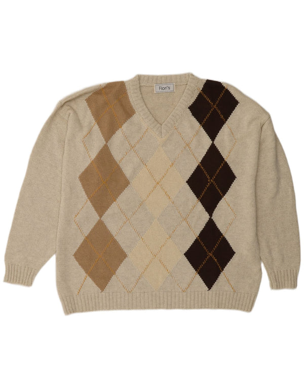 Vintage Mens V-Neck Jumper Sweater XL Beige Argyle/Diamond Cotton
