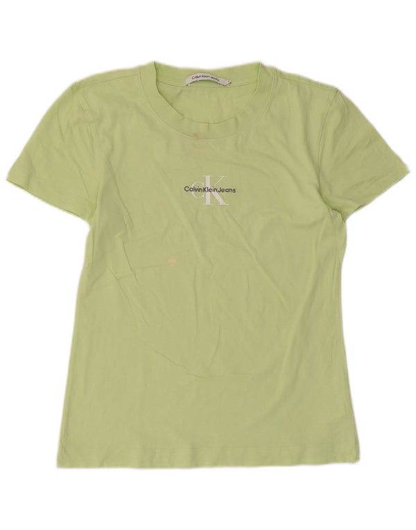 Calvin Klein Jeans Damen Grafik-T-Shirt-Oberteil UK 12 Mittelgrüne Baumwolle