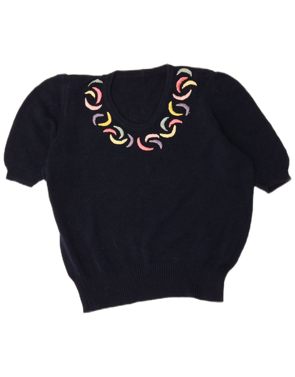 Vintage Kvinders Kortærmet Boat Neck Jumper Sweater UK 16 Large Navy Blue