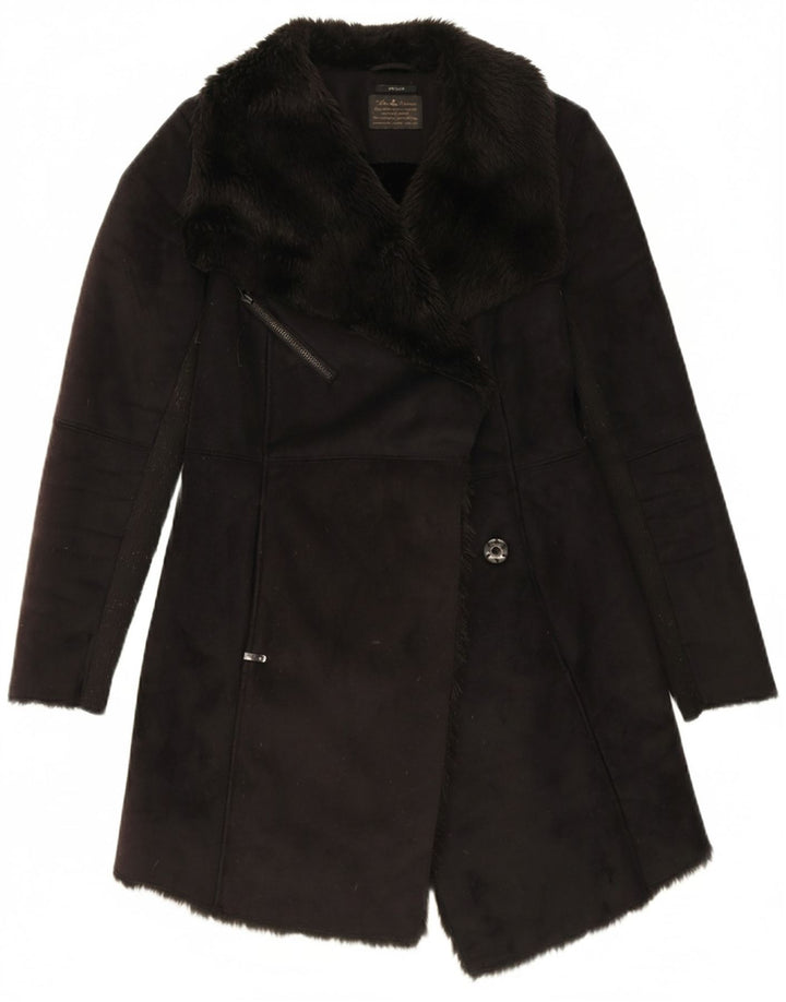 IKKS Womens Sherpa Overcoat UK 12 Medium Black Modal
