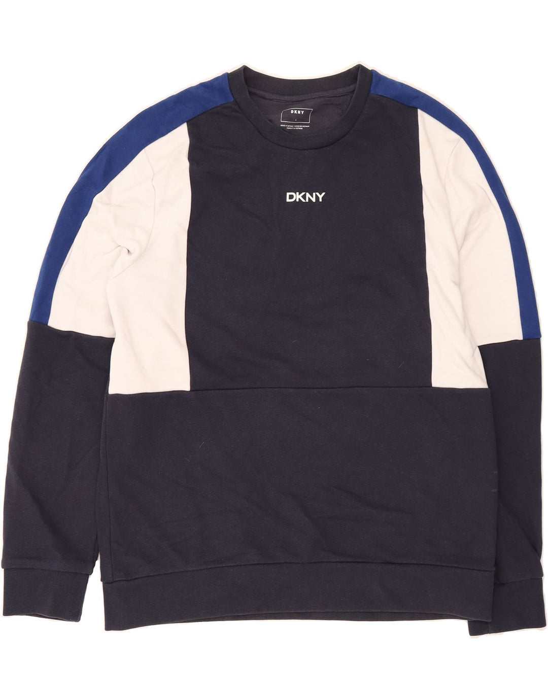 DKNY Mens Sweatshirt Jumper Large Navy Blue Colourblock Cotton Vintage Dkny and Second-Hand Dkny from Messina Hembry 