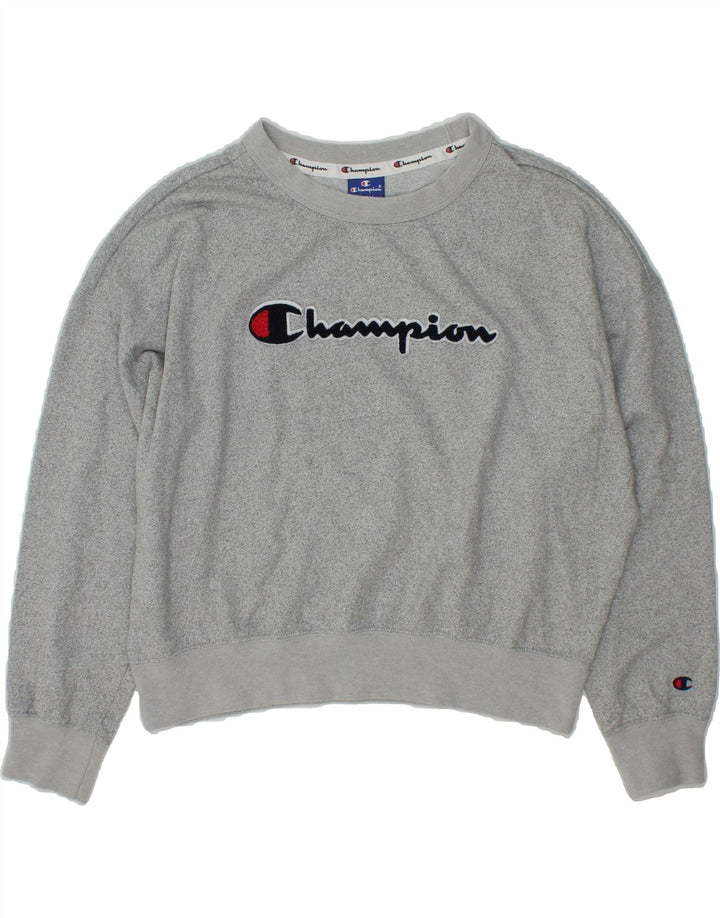 CHAMPION Womens Oversized Crop Graphic Sweatshirt Jumper UK 10 Small Grey Vintage Champion and Second-Hand Champion from Messina Hembry 