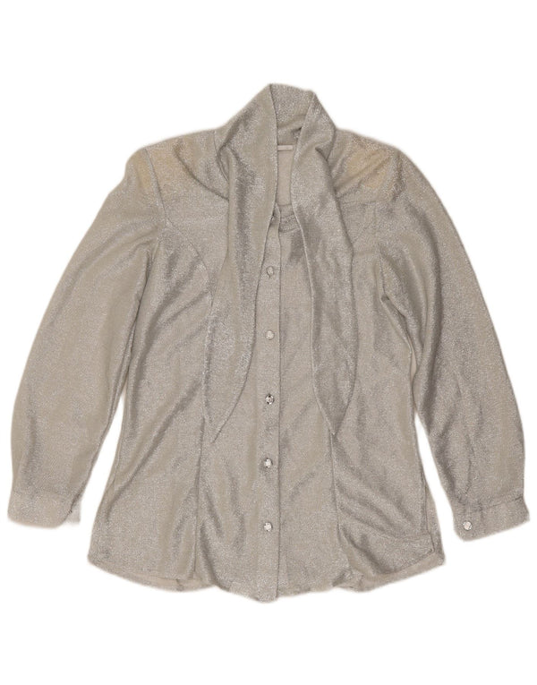 Vintage Womens Front Tie Shirt Blouse UK 12 Medium Silver Flecked