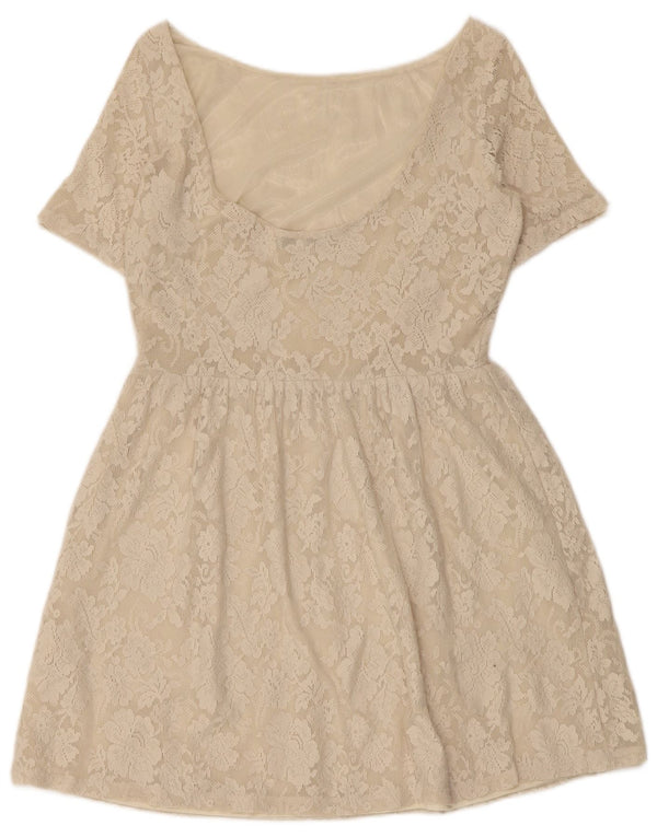 Zara Womens Lace A-Line Dress UK 12 Medium Beige Floral Polyamide
