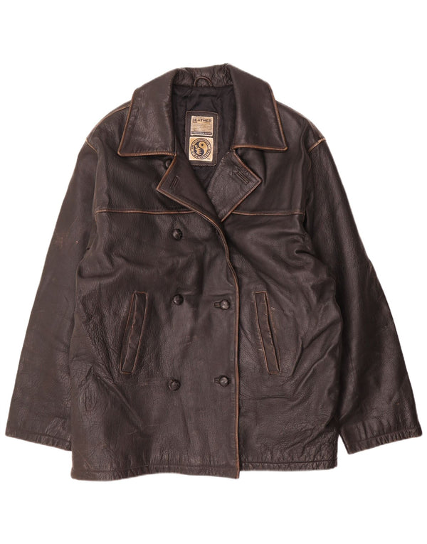 veste en cuir double poitrine vintage femme UK 20 2XL Marron