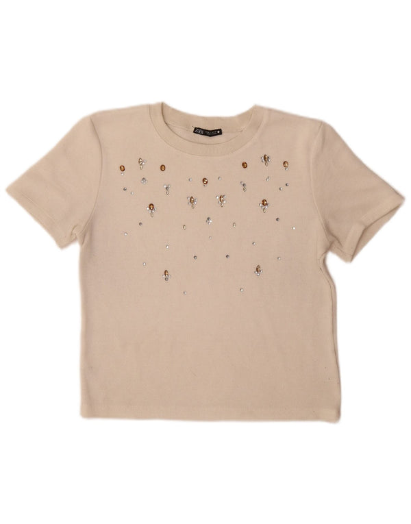 Zara Damen T-Shirt Top UK 12 Medium Beige