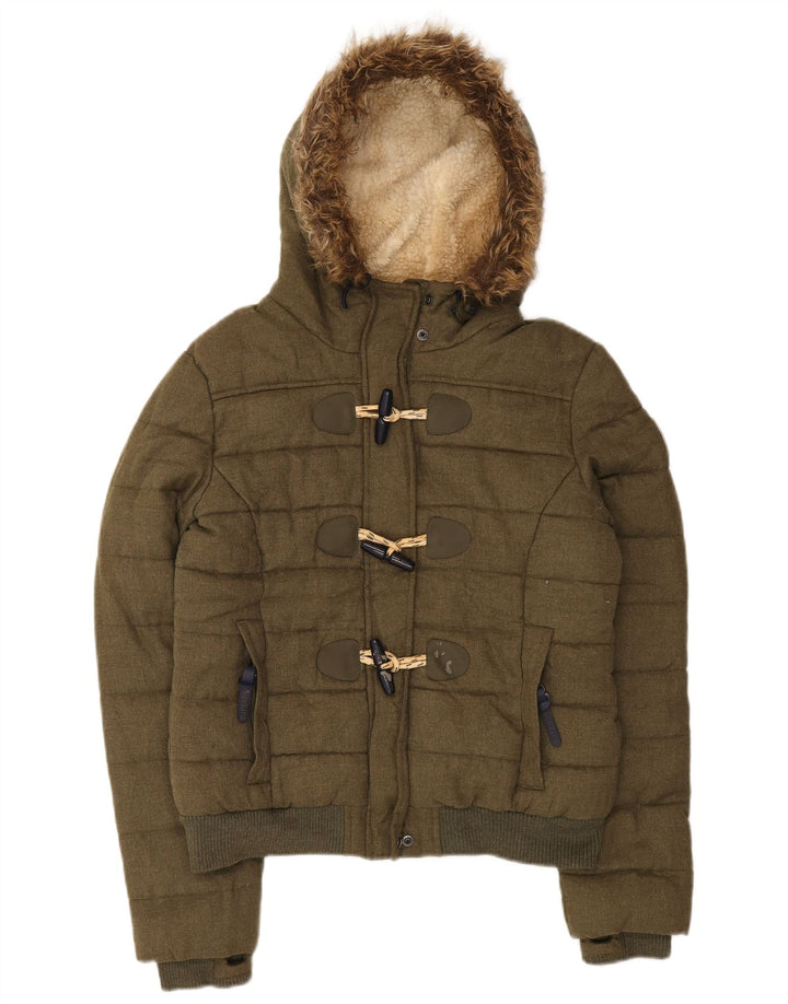 Superdry Womens Hooded Duffle Padded Jacket UK 14 Medium Khaki Winter