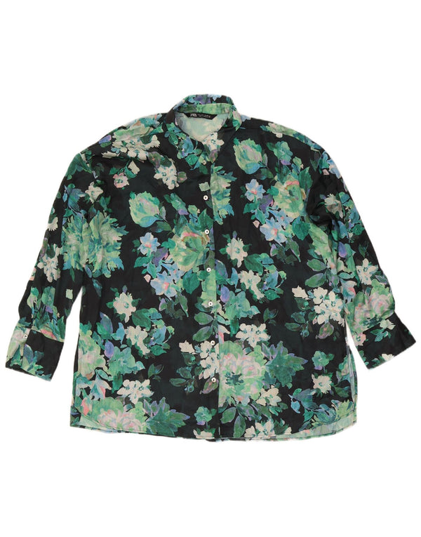 Zara Womens Oversized Shirt Blouse UK 16 Large Green Floral Polyester