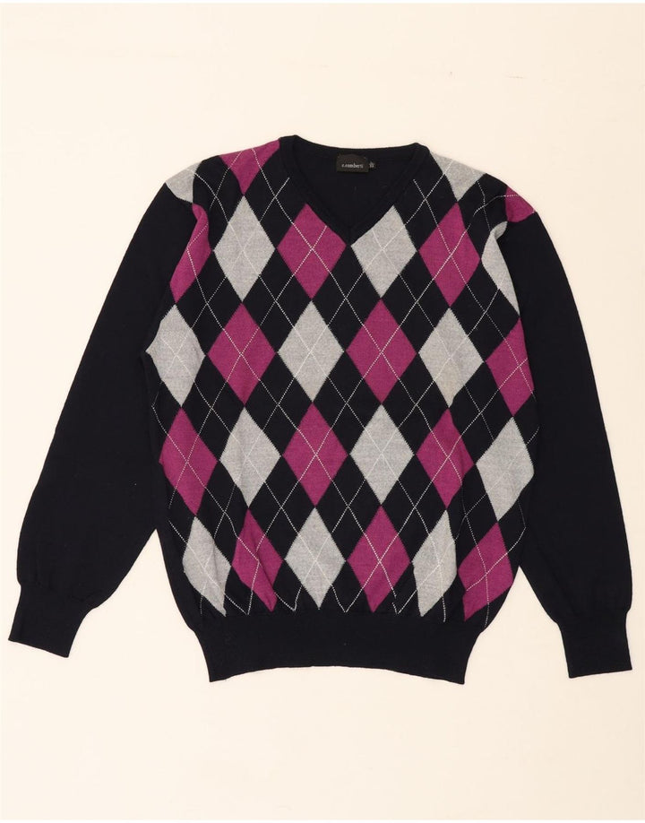 C.COMBERTI Mens V-Neck Jumper Sweater IT 52 Large Navy Blue Argyle/Diamond Vintage C.Comberti and Second-Hand C.Comberti from Messina Hembry 